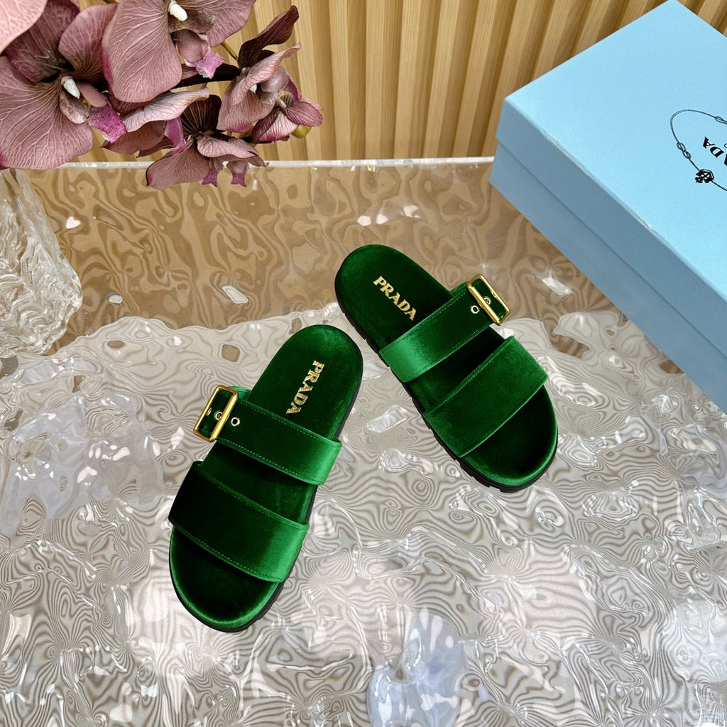 PRADA SLIDES SANLS RK GREEN VELVET