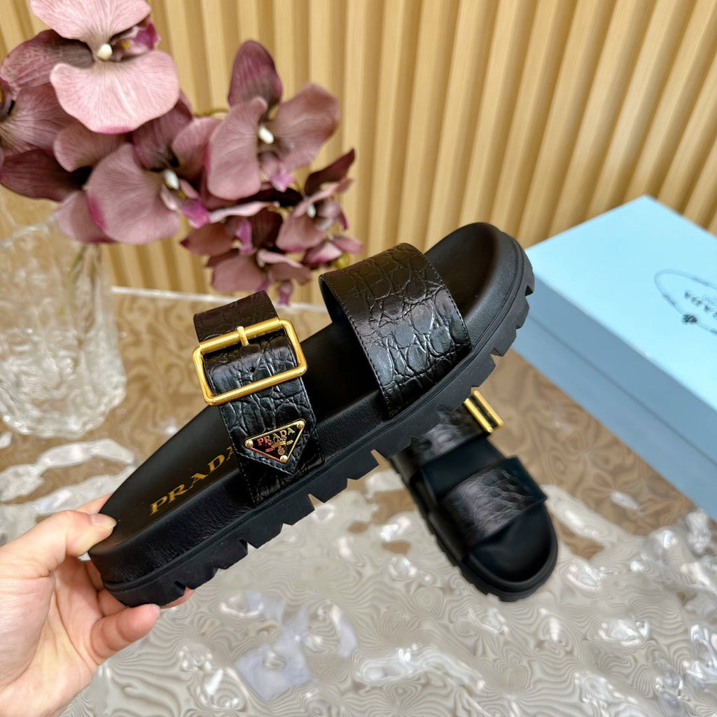 PRADA CROCODILE MOTIF SLIDES SANLS JET-BLACK CALFSKIN