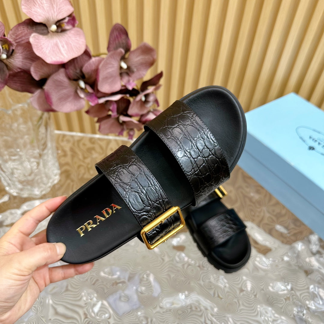 PRADA CROCODILE MOTIF SLIDES SANLS JET-BLACK CALFSKIN