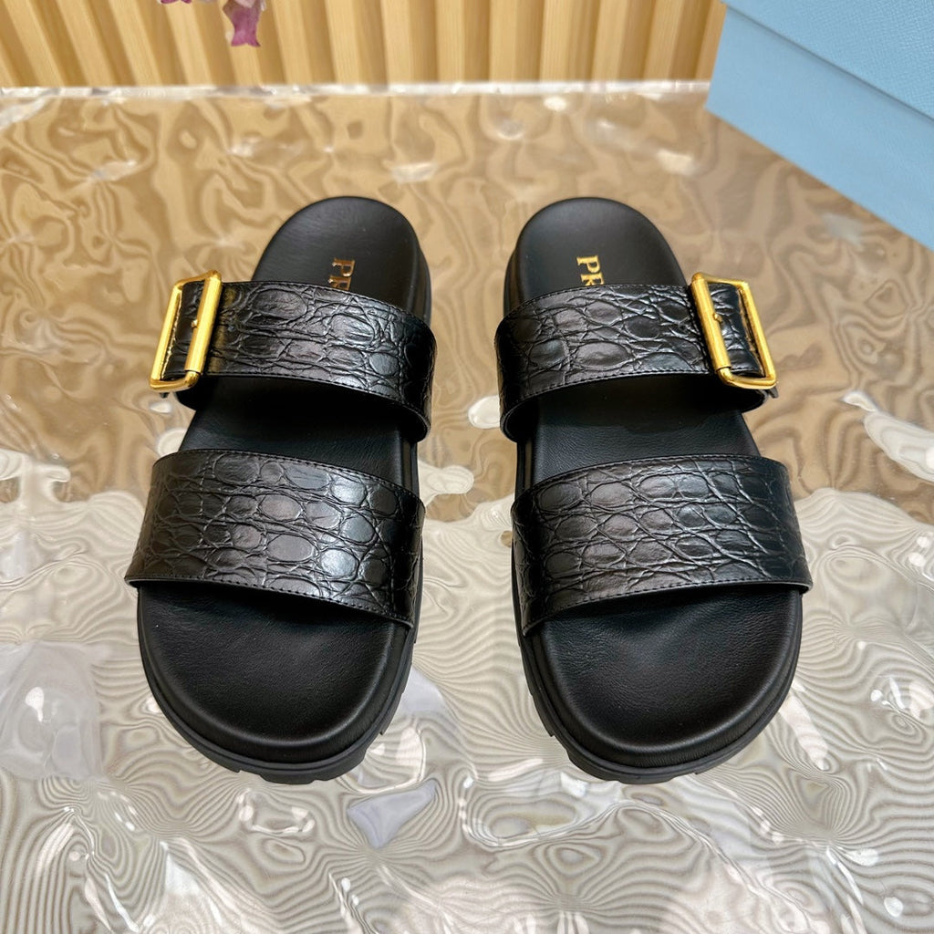 PRADA CROCODILE MOTIF SLIDES SANLS JET-BLACK CALFSKIN
