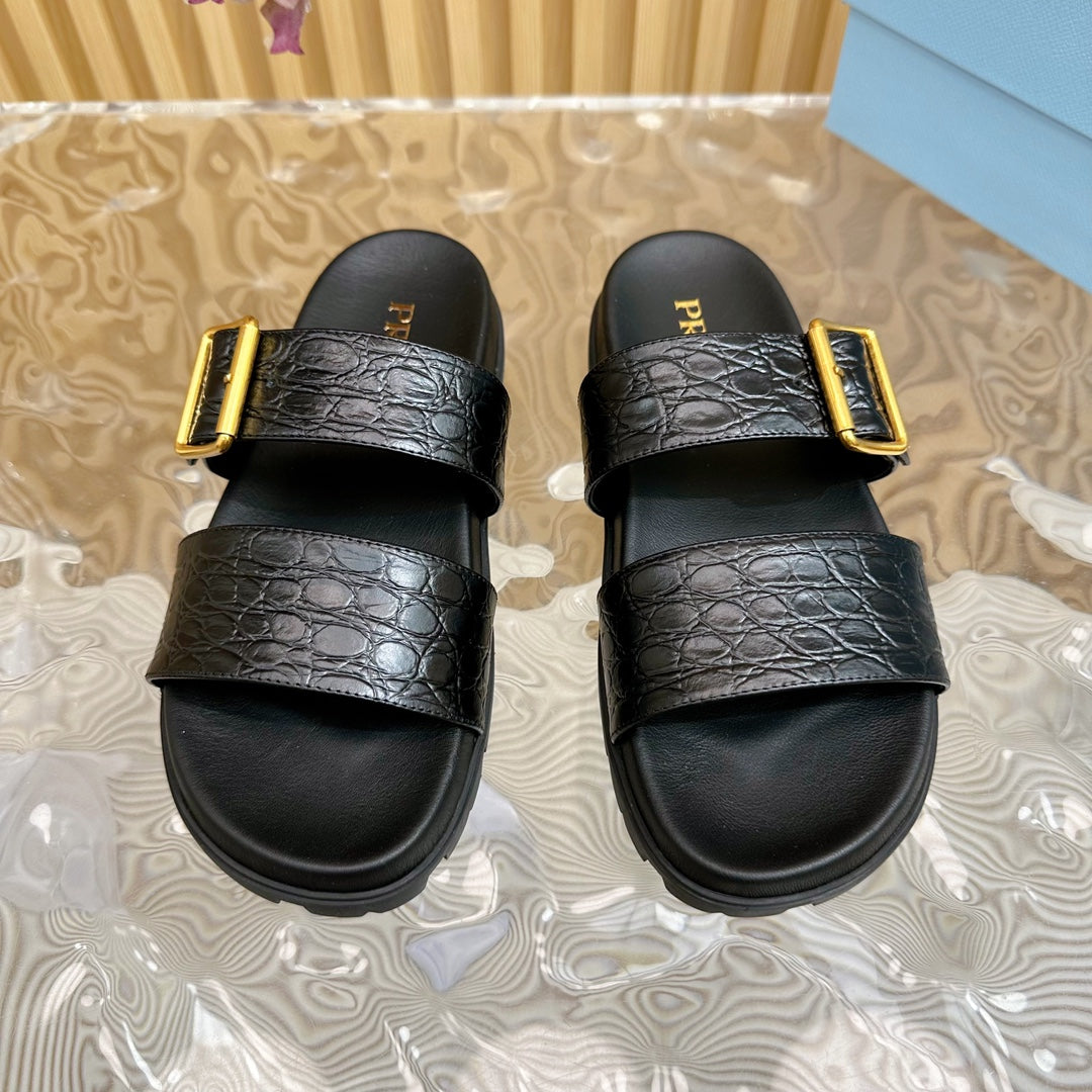 PRADA CROCODILE MOTIF SLIDES SANLS JET-BLACK CALFSKIN