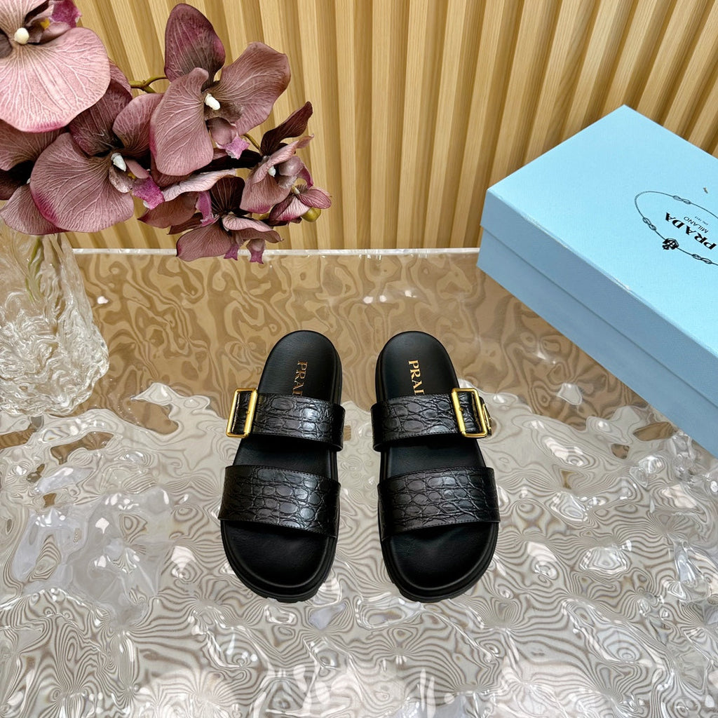 PRADA CROCODILE MOTIF SLIDES SANLS JET-BLACK CALFSKIN