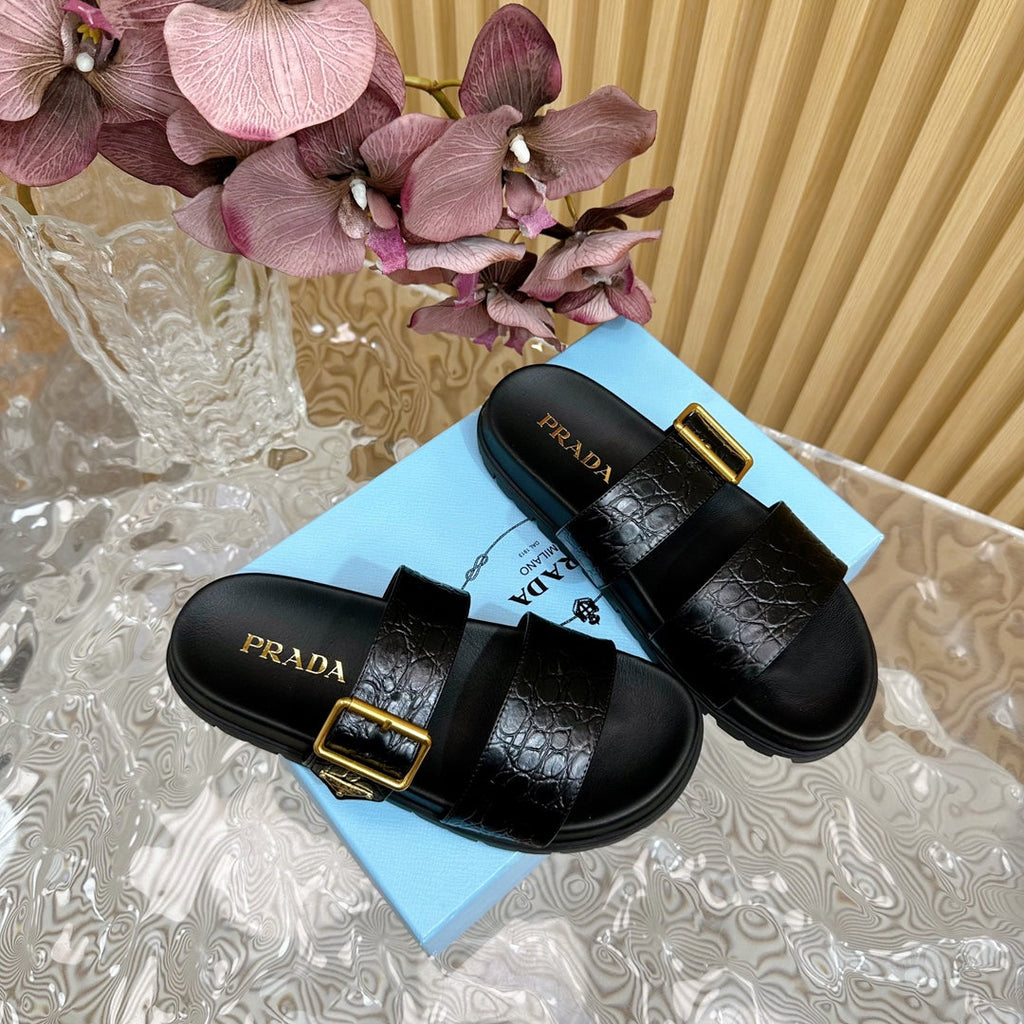 PRADA CROCODILE MOTIF SLIDES SANLS JET-BLACK CALFSKIN