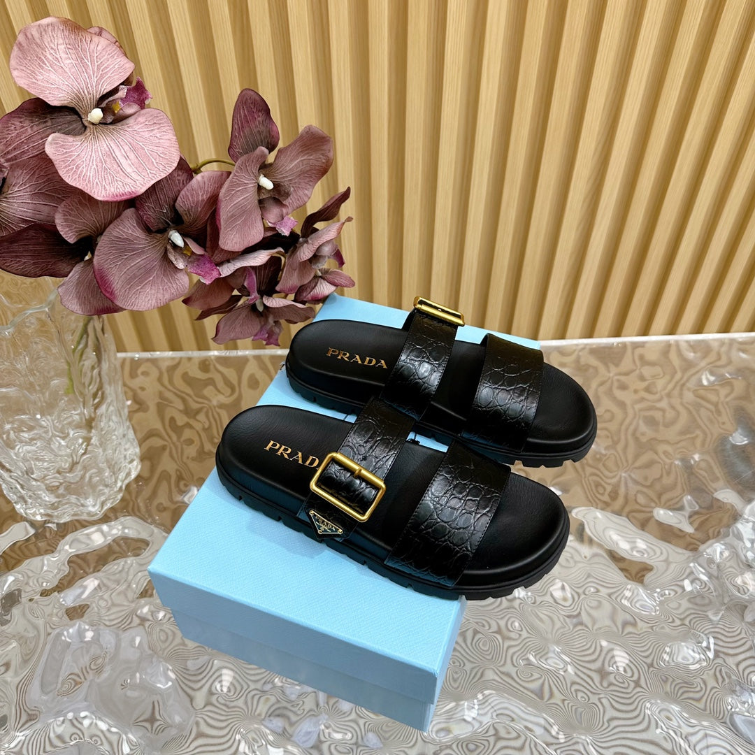 PRADA CROCODILE MOTIF SLIDES SANLS JET-BLACK CALFSKIN