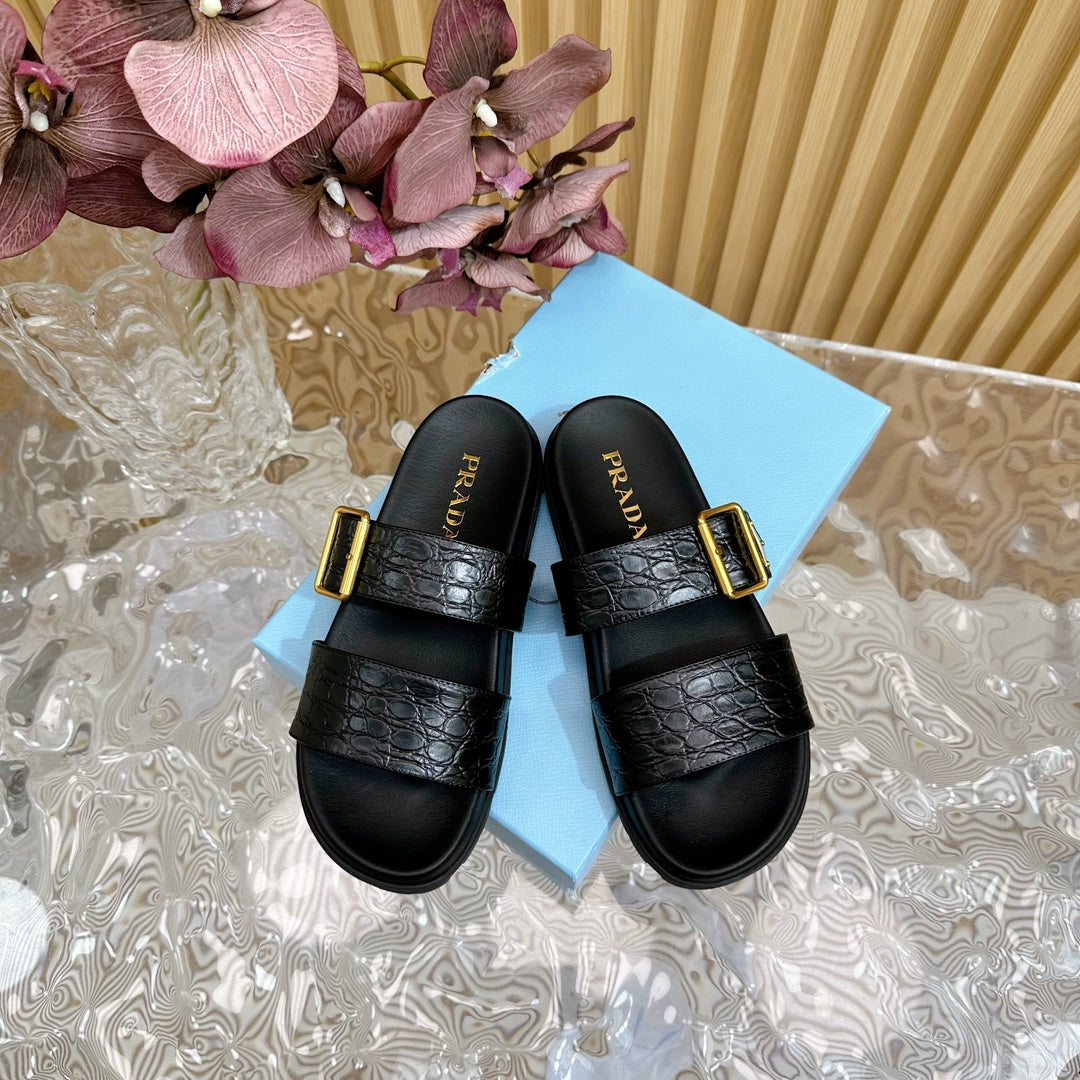 PRADA CROCODILE MOTIF SLIDES SANLS JET-BLACK CALFSKIN