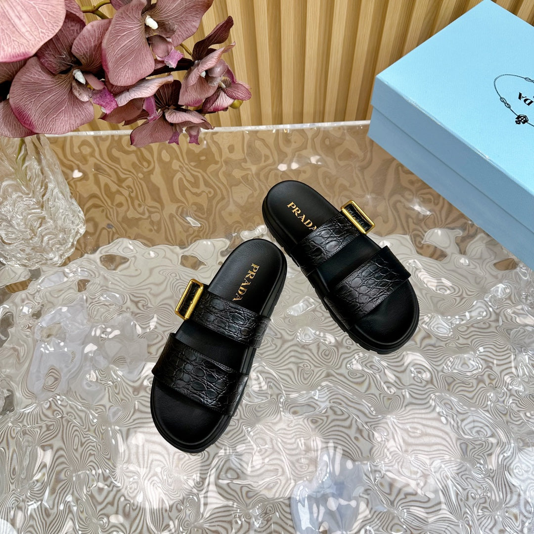 PRADA CROCODILE MOTIF SLIDES SANLS JET-BLACK CALFSKIN