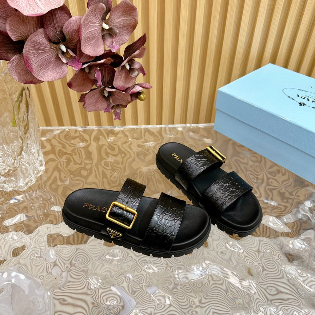 PRADA CROCODILE MOTIF SLIDES SANLS JET-BLACK CALFSKIN