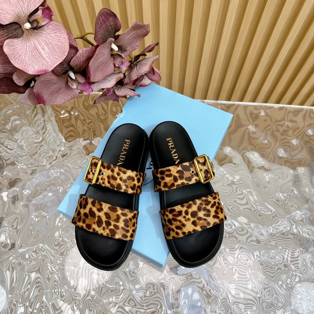PRADA LEOPARD MOTIF SLIDES SANLS BLACK CALFSKIN