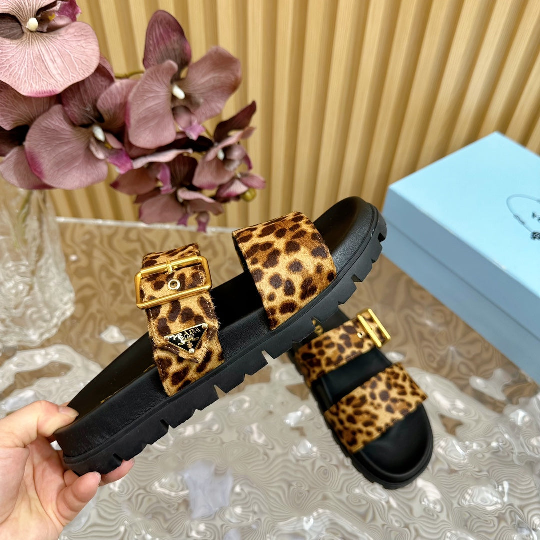 PRADA LEOPARD MOTIF SLIDES SANLS BLACK CALFSKIN