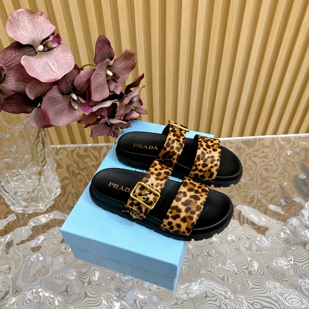 PRADA LEOPARD MOTIF SLIDES SANLS BLACK CALFSKIN