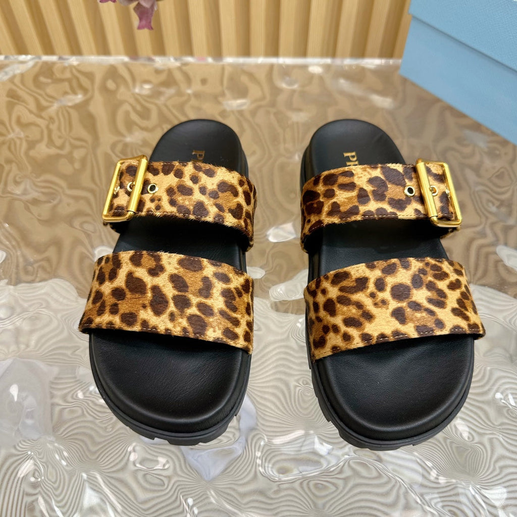 PRADA LEOPARD MOTIF SLIDES SANLS BLACK CALFSKIN