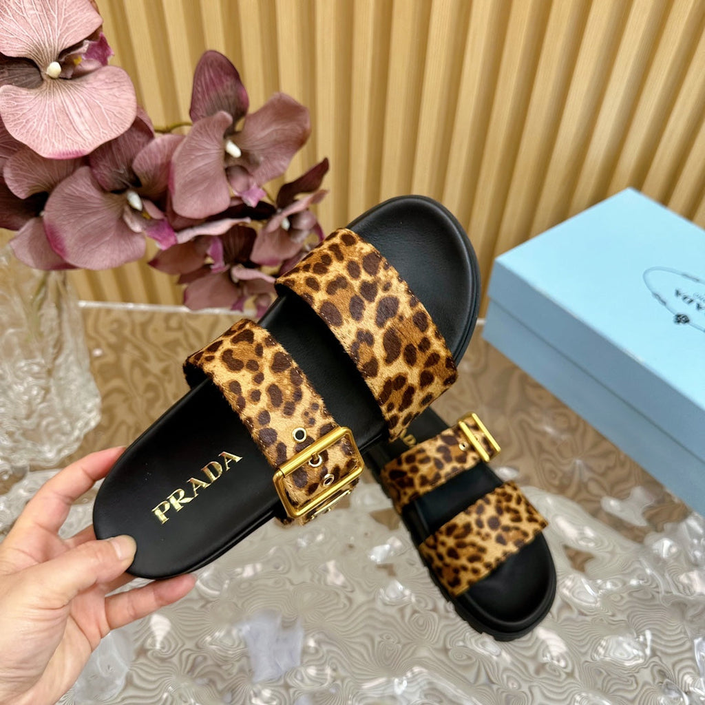PRADA LEOPARD MOTIF SLIDES SANLS BLACK CALFSKIN