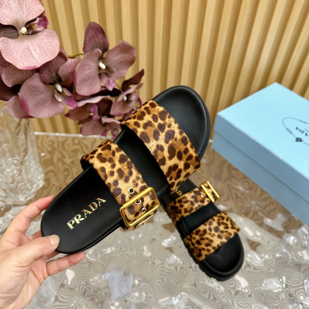 PRADA LEOPARD MOTIF SLIDES SANLS BLACK CALFSKIN