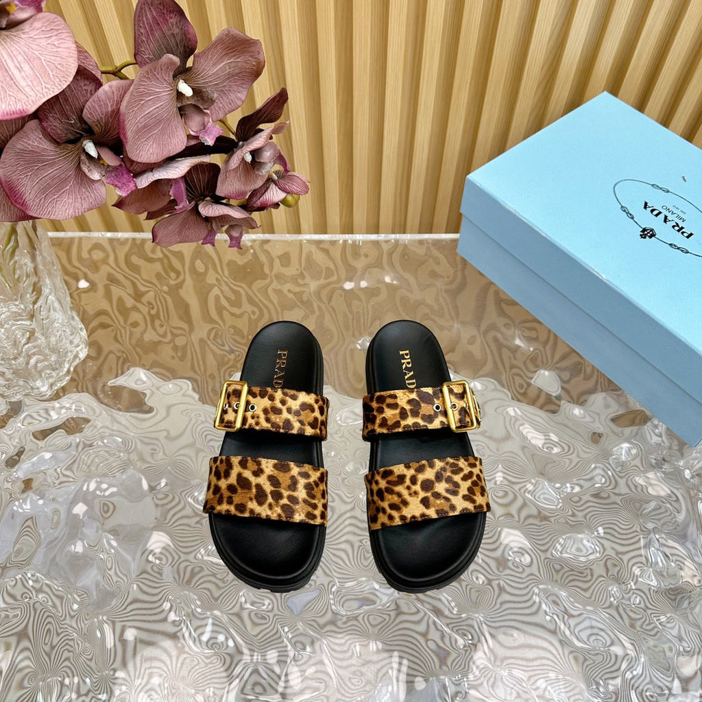 PRADA LEOPARD MOTIF SLIDES SANLS BLACK CALFSKIN