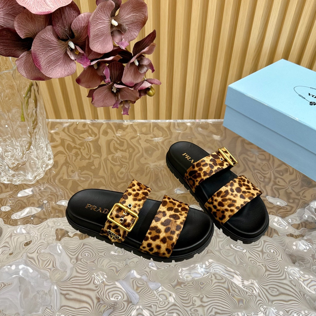 PRADA LEOPARD MOTIF SLIDES SANLS BLACK CALFSKIN