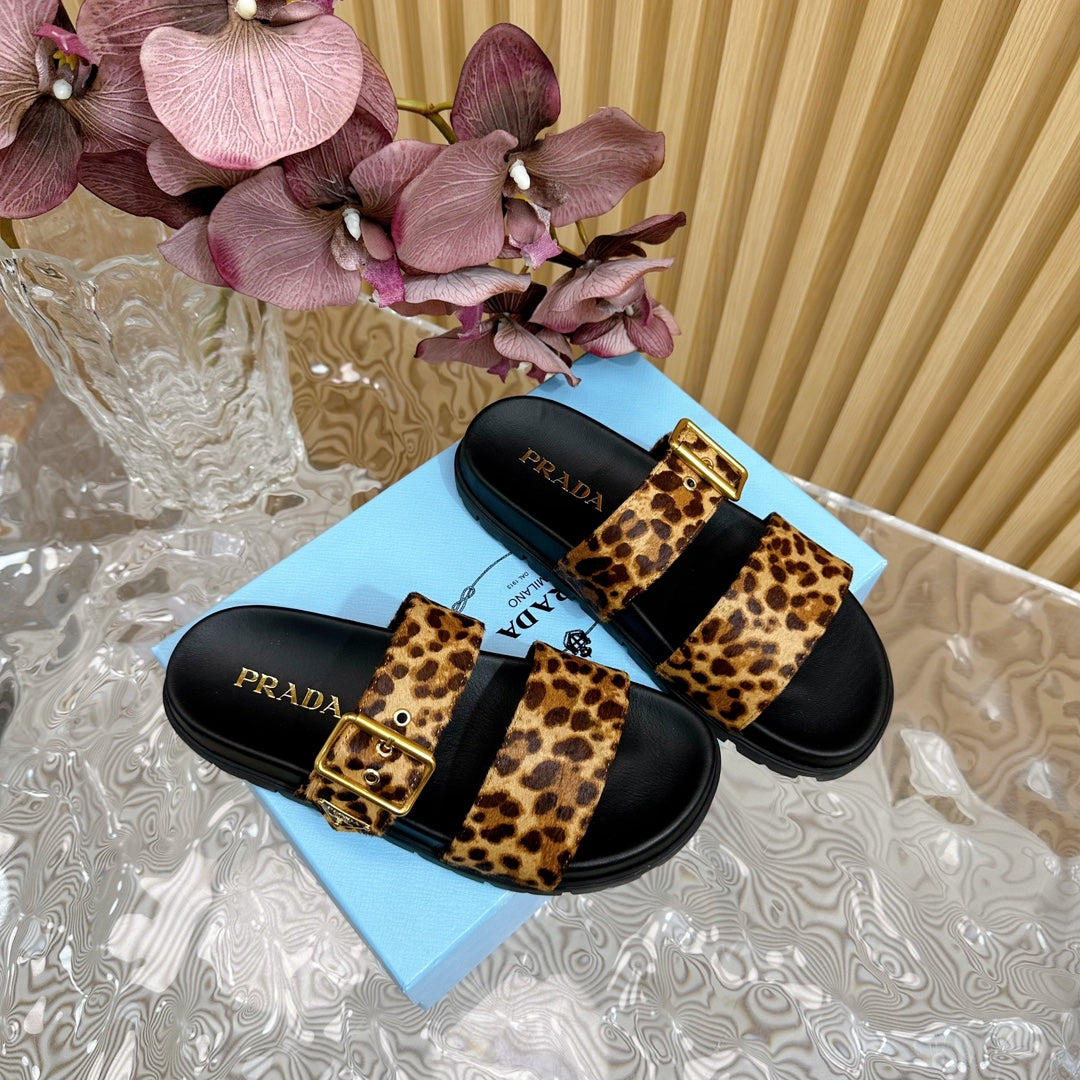 PRADA LEOPARD MOTIF SLIDES SANLS BLACK CALFSKIN