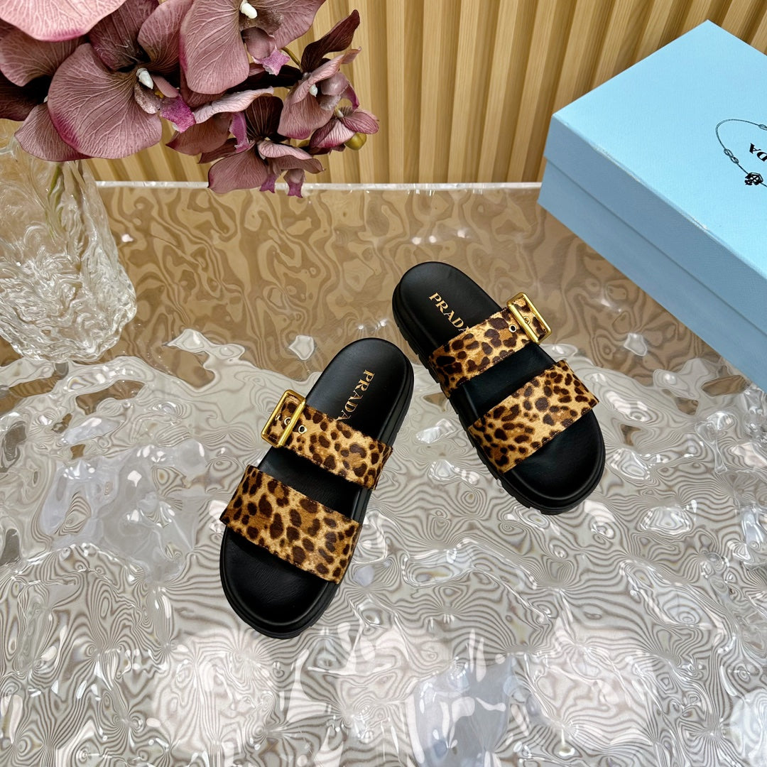 PRADA LEOPARD MOTIF SLIDES SANLS BLACK CALFSKIN