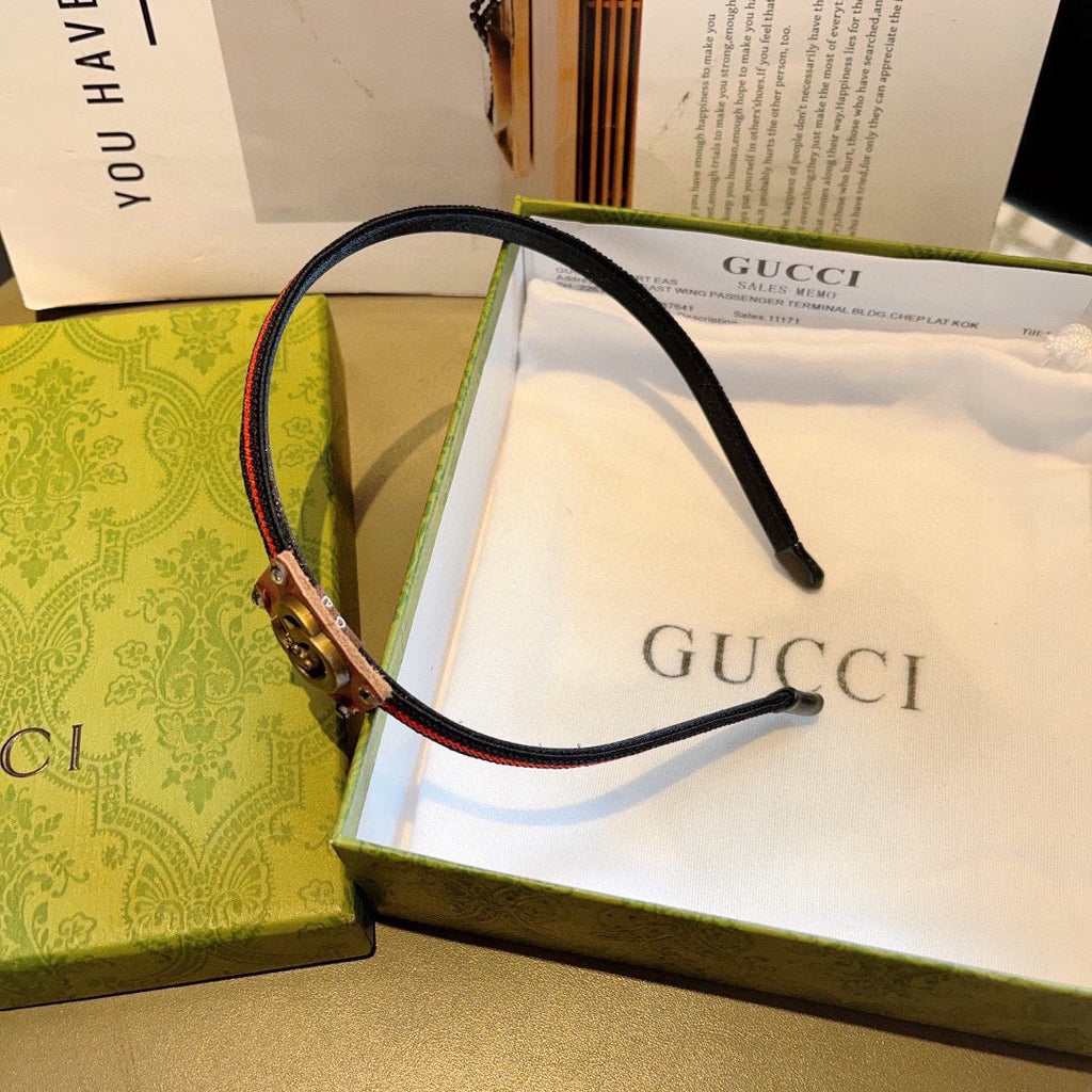 GUCCI NARROW HAIRBAND IN BLACK MIX RED FABRIC 395356