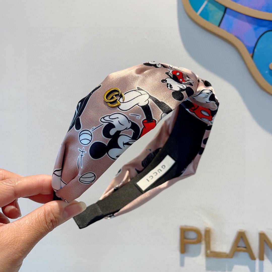 GUCCI MICKEY PRINT HAIRBAND IN LIGHT PINK SILK 409359