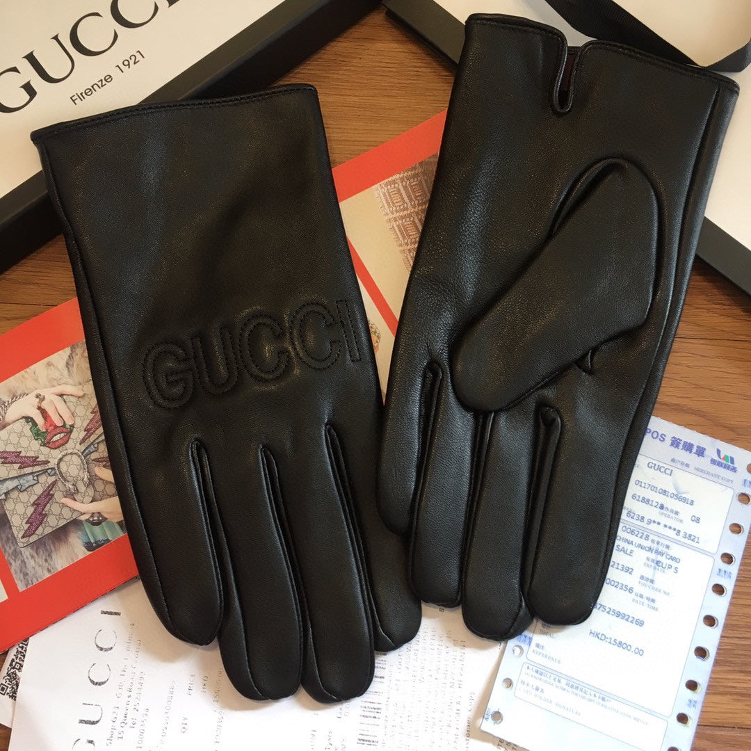 GUCCI TOUCHSCREEN LAMBSKIN GLOVES BLACK WITH WOOL LINING 409346