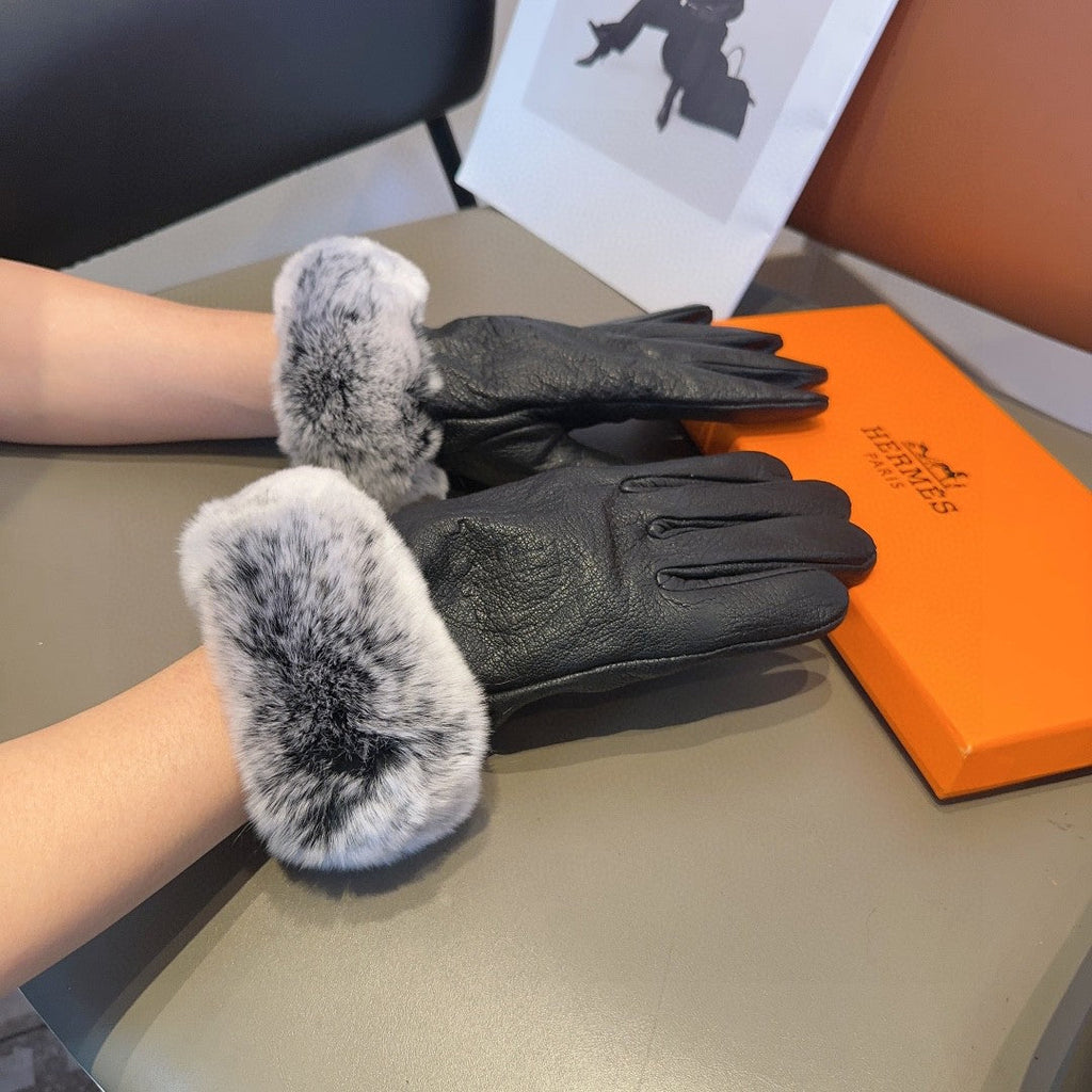 HERMES GLOVES IN BLACK DEERSKIN WITH RABBIT FUR 463888
