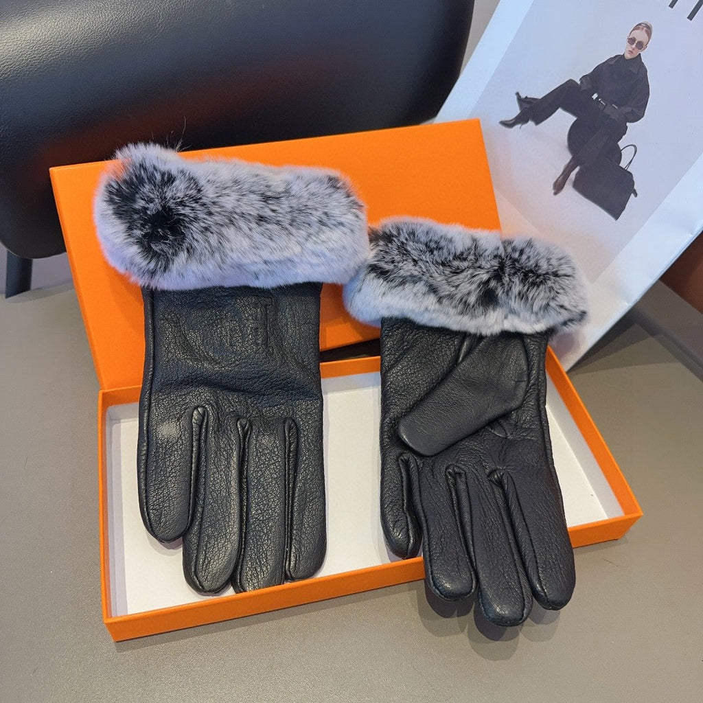 HERMES GLOVES IN BLACK DEERSKIN WITH RABBIT FUR 463888