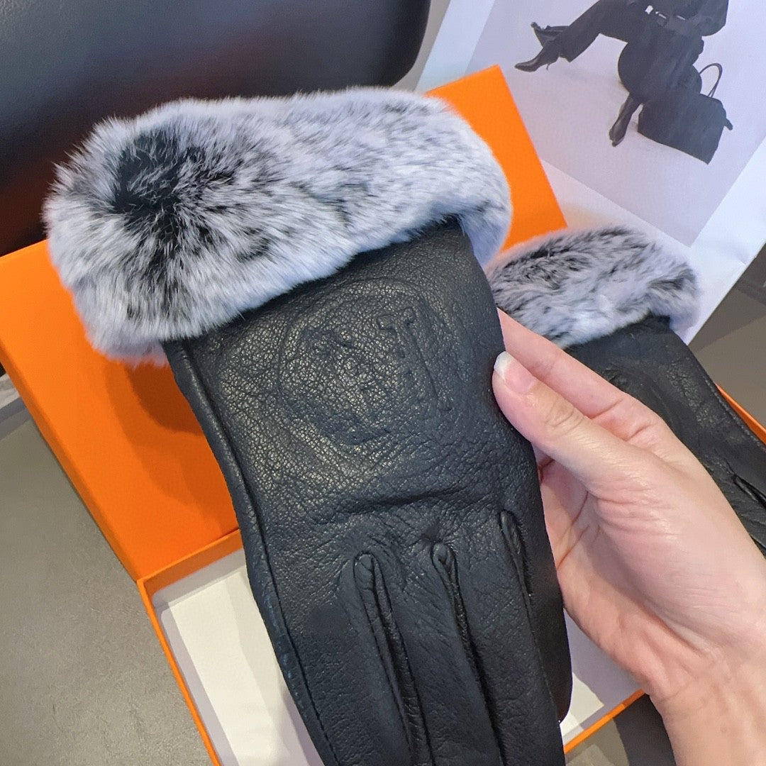 HERMES GLOVES IN BLACK DEERSKIN WITH RABBIT FUR 463888
