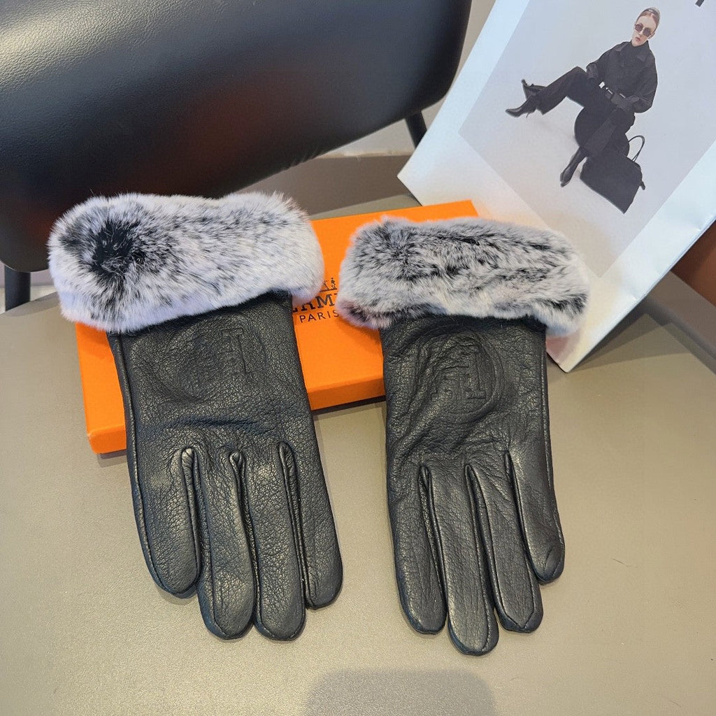HERMES GLOVES IN BLACK DEERSKIN WITH RABBIT FUR 463888