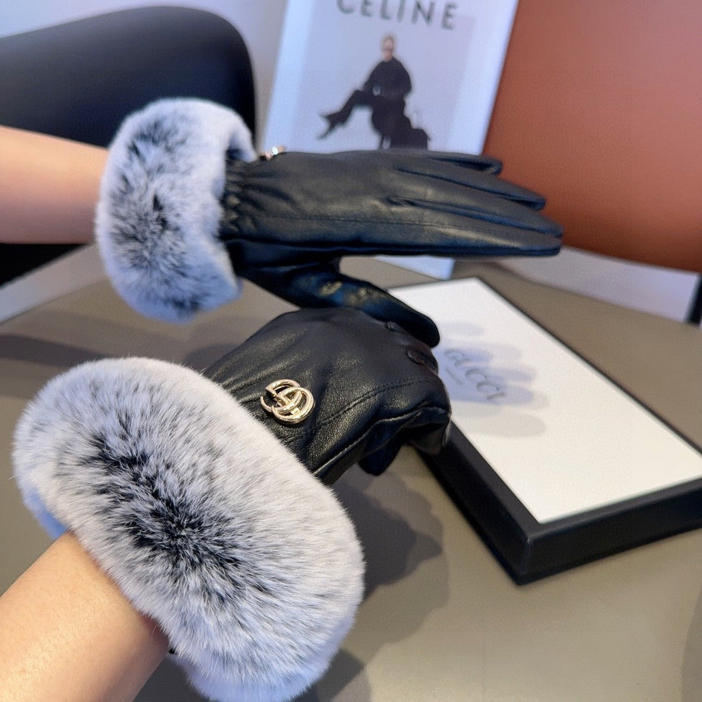 GUCCI DOUBLE G GLOVES IN BLACK LAMBSKIN AND RABBIT FUR 466796