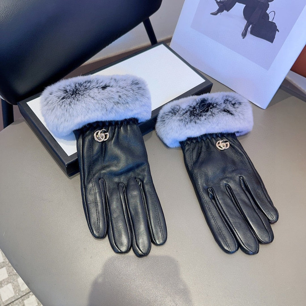 GUCCI DOUBLE G GLOVES IN BLACK LAMBSKIN AND RABBIT FUR 466796