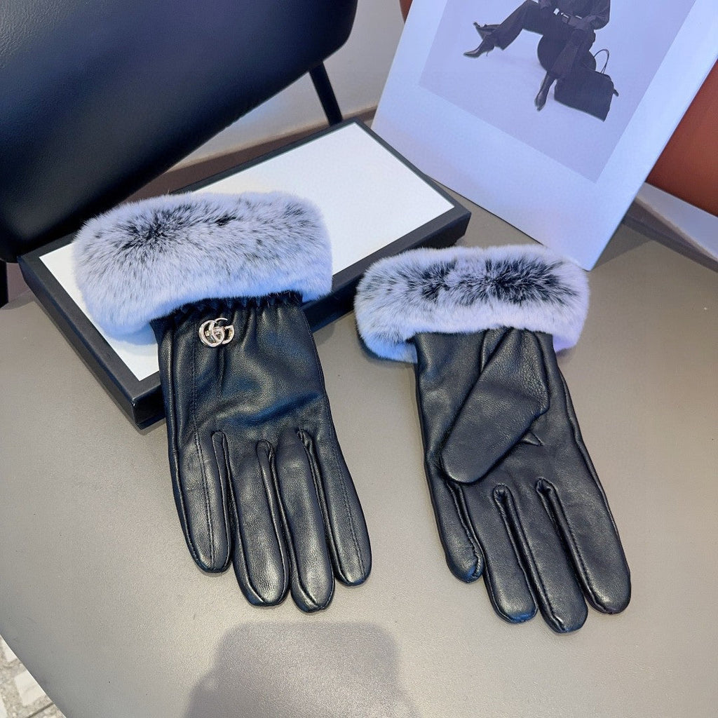 GUCCI DOUBLE G GLOVES IN BLACK LAMBSKIN AND RABBIT FUR 466796