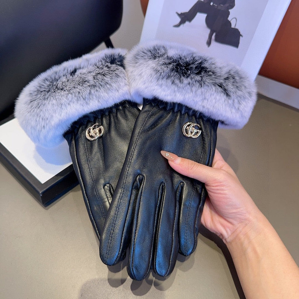 GUCCI DOUBLE G GLOVES IN BLACK LAMBSKIN AND RABBIT FUR 466796
