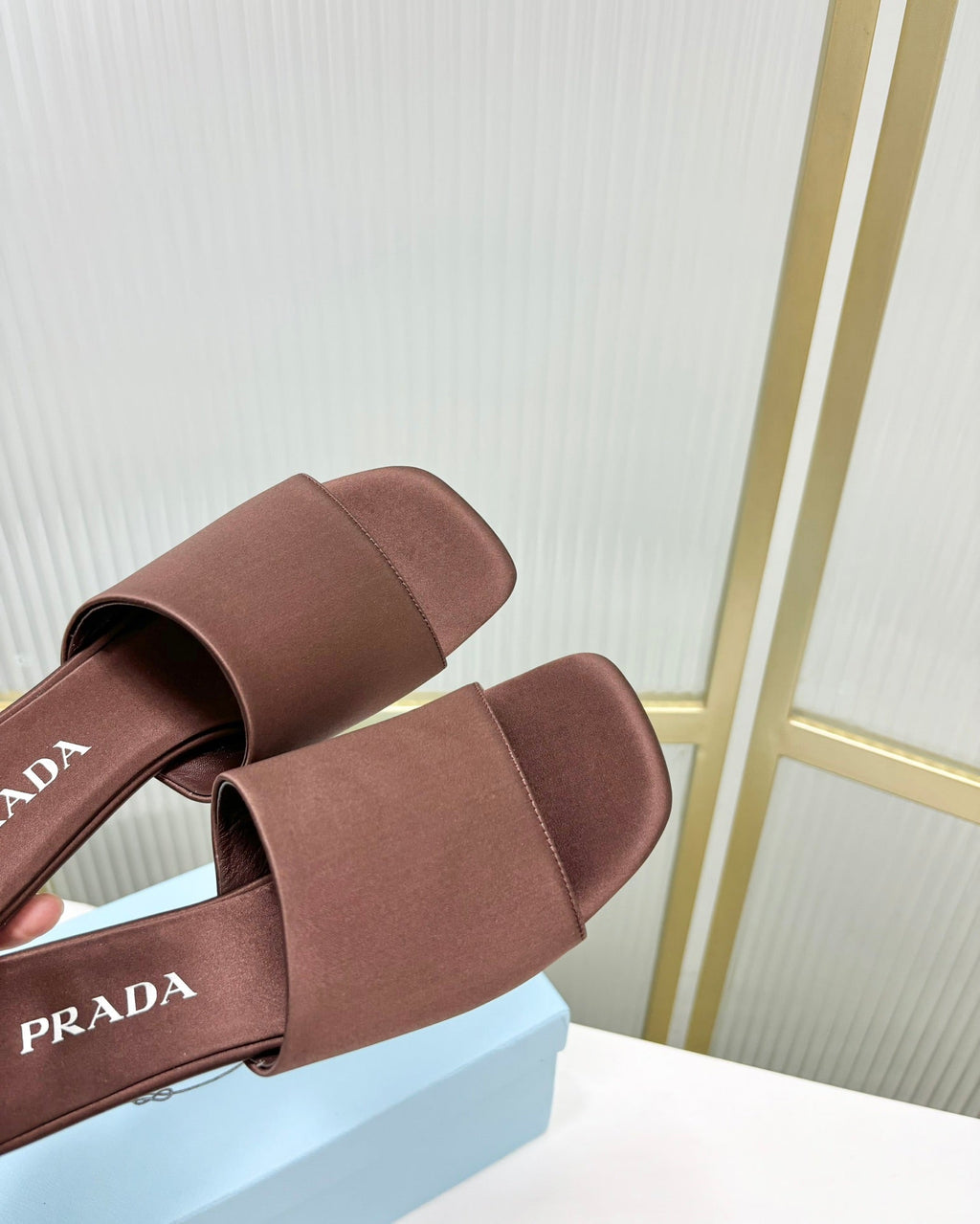 PRADA TRIANGLE HEEL SATIN SLIPPERS BROWN