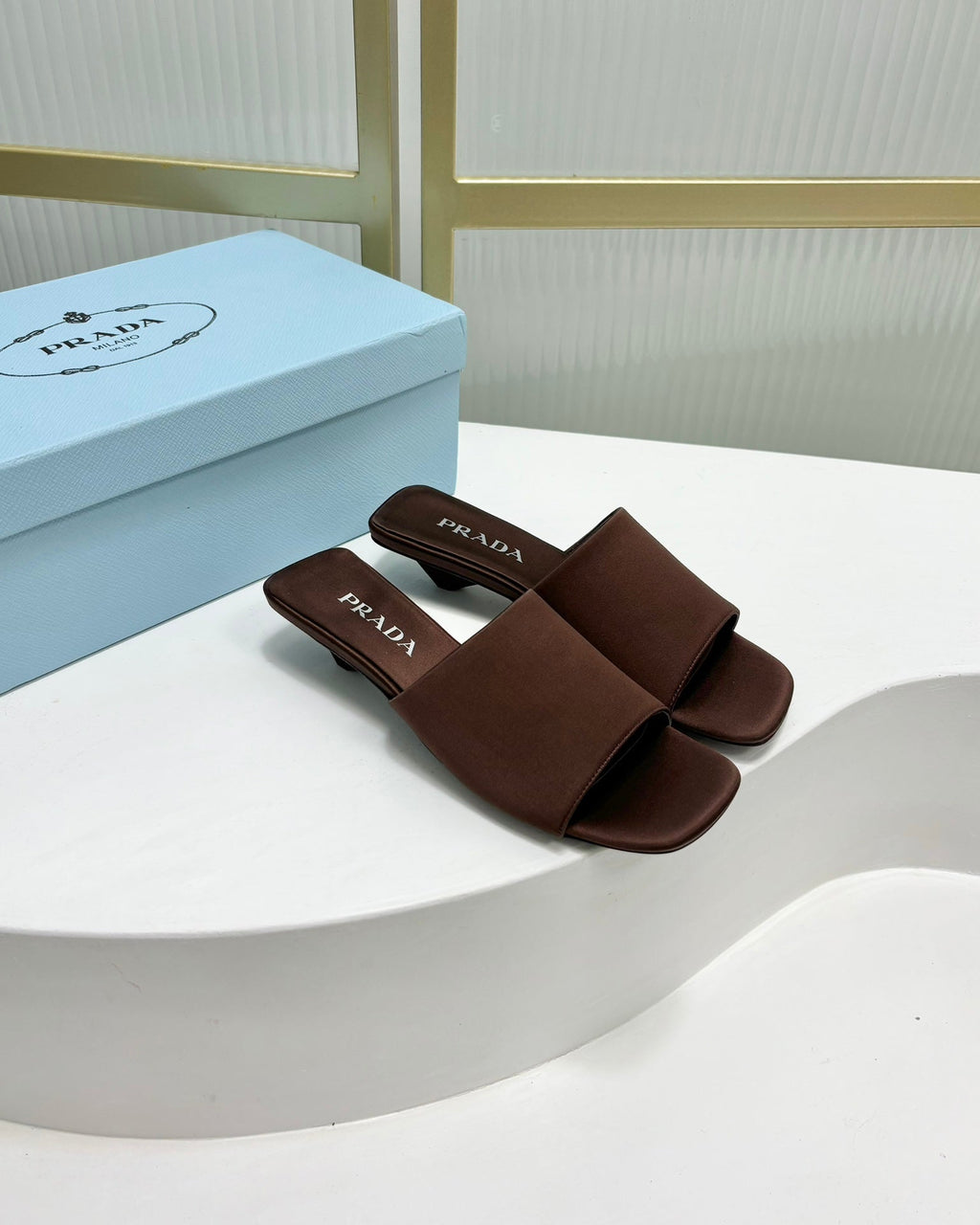 PRADA TRIANGLE HEEL SATIN SLIPPERS BROWN