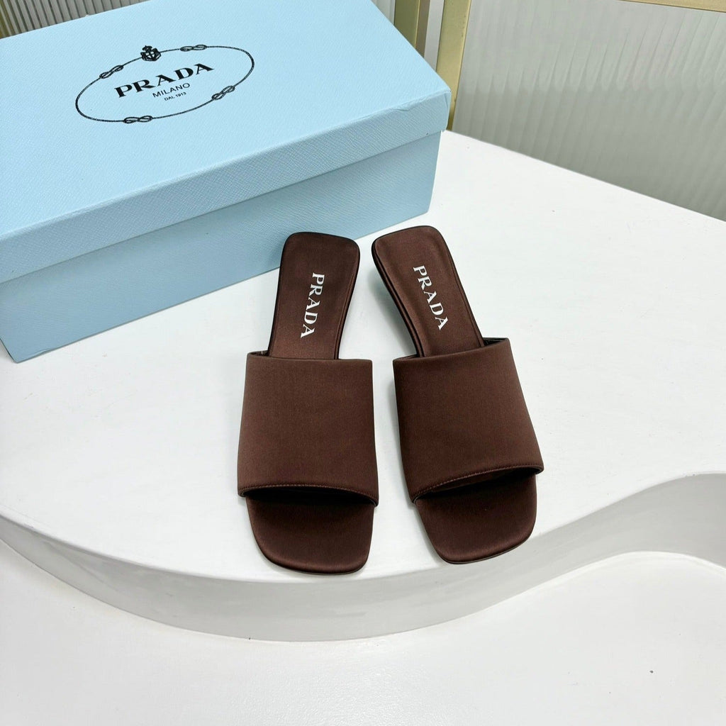 PRADA TRIANGLE HEEL SATIN SLIPPERS BROWN