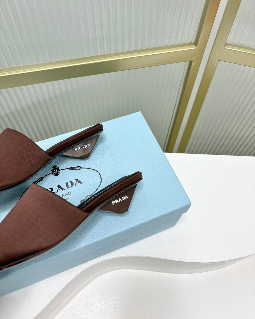 PRADA TRIANGLE HEEL SATIN SLIPPERS BROWN