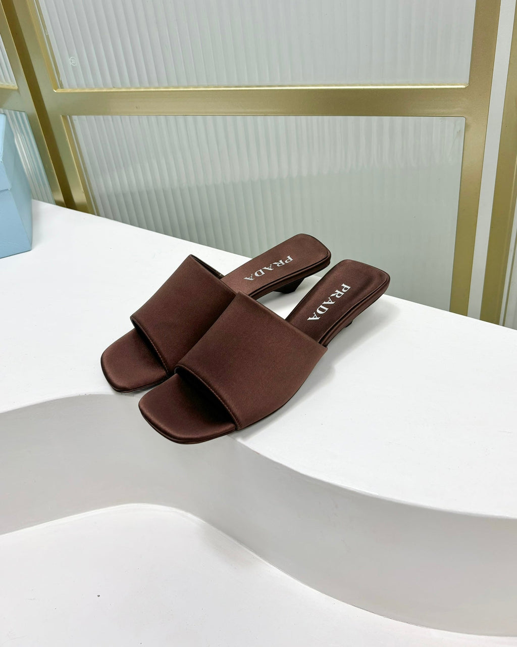 PRADA TRIANGLE HEEL SATIN SLIPPERS BROWN