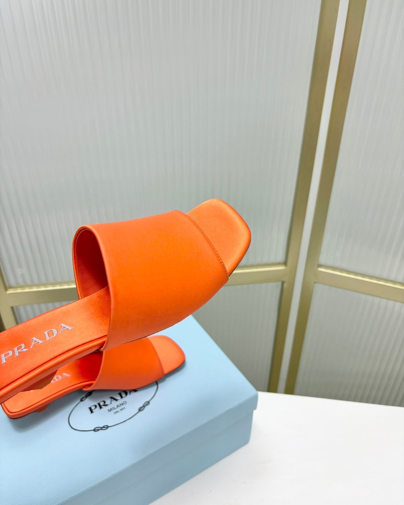 PRADA TRIANGLE HEEL SATIN SLIPPERS BRIGHT ORANGE