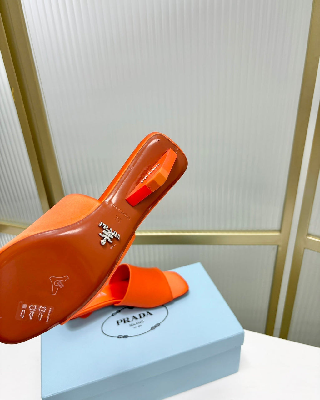 PRADA TRIANGLE HEEL SATIN SLIPPERS BRIGHT ORANGE