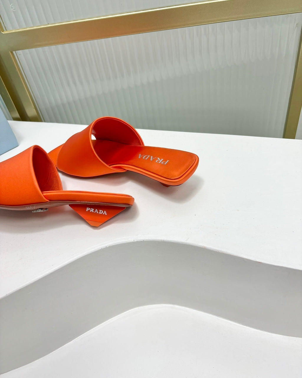 PRADA TRIANGLE HEEL SATIN SLIPPERS BRIGHT ORANGE