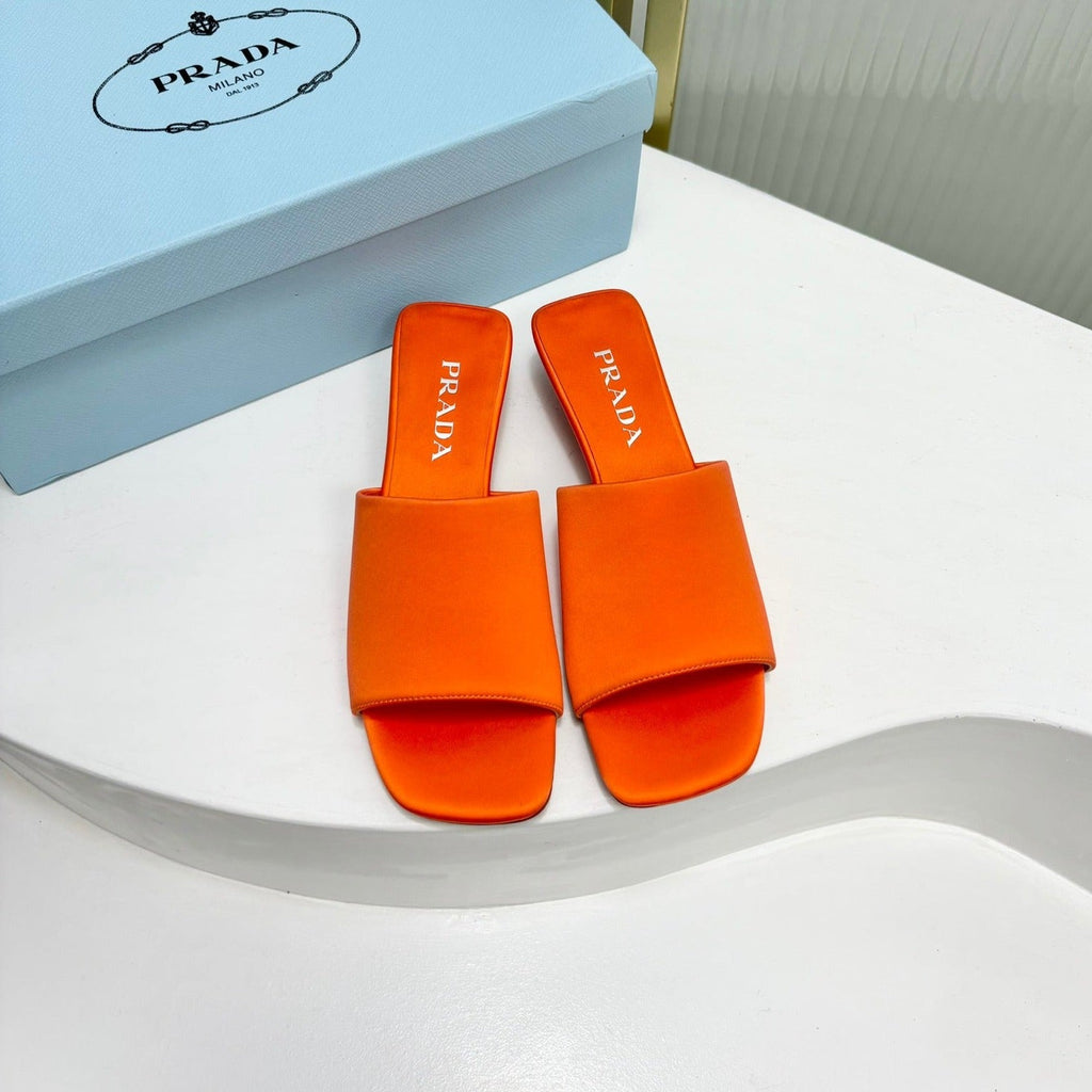 PRADA TRIANGLE HEEL SATIN SLIPPERS BRIGHT ORANGE