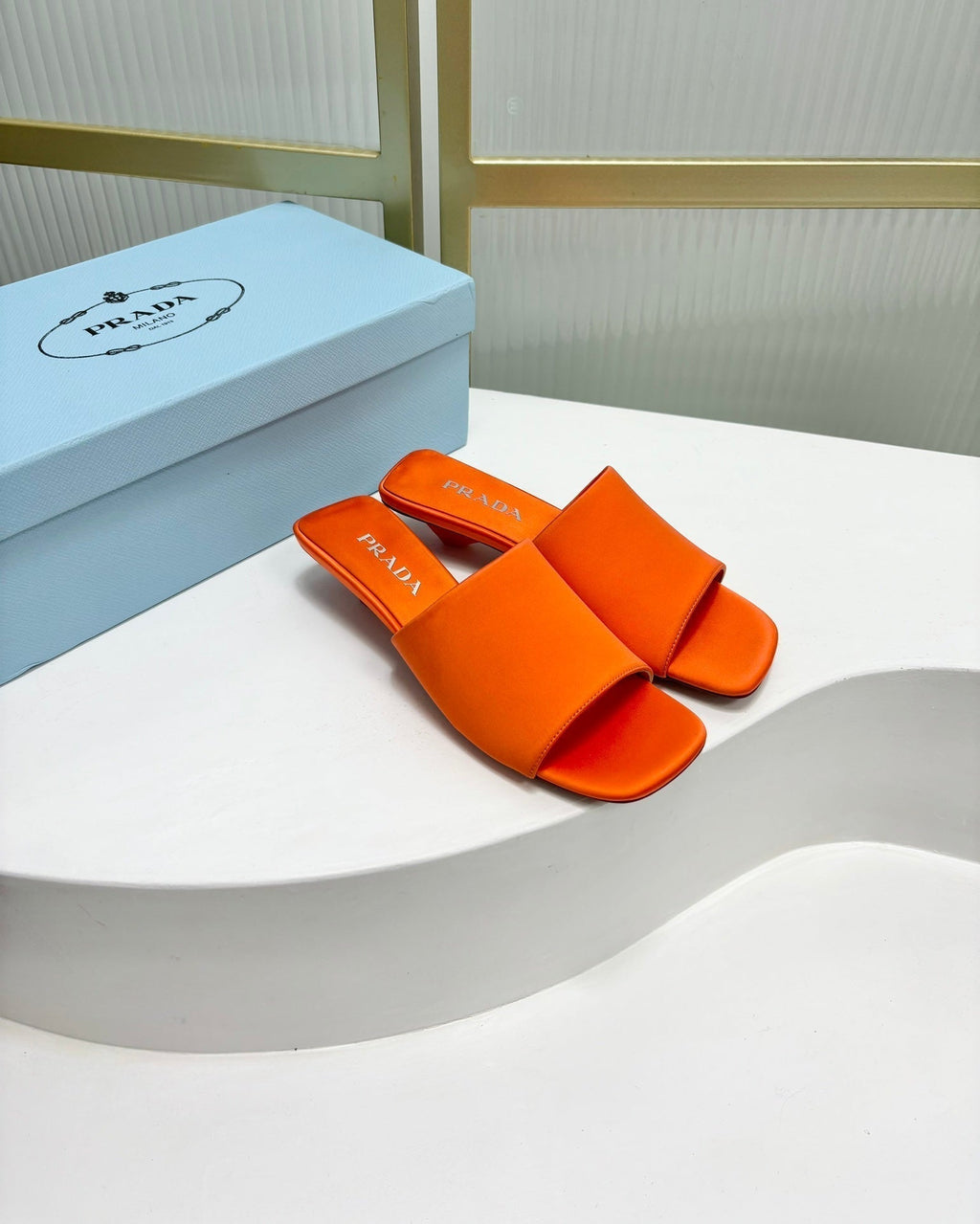 PRADA TRIANGLE HEEL SATIN SLIPPERS BRIGHT ORANGE