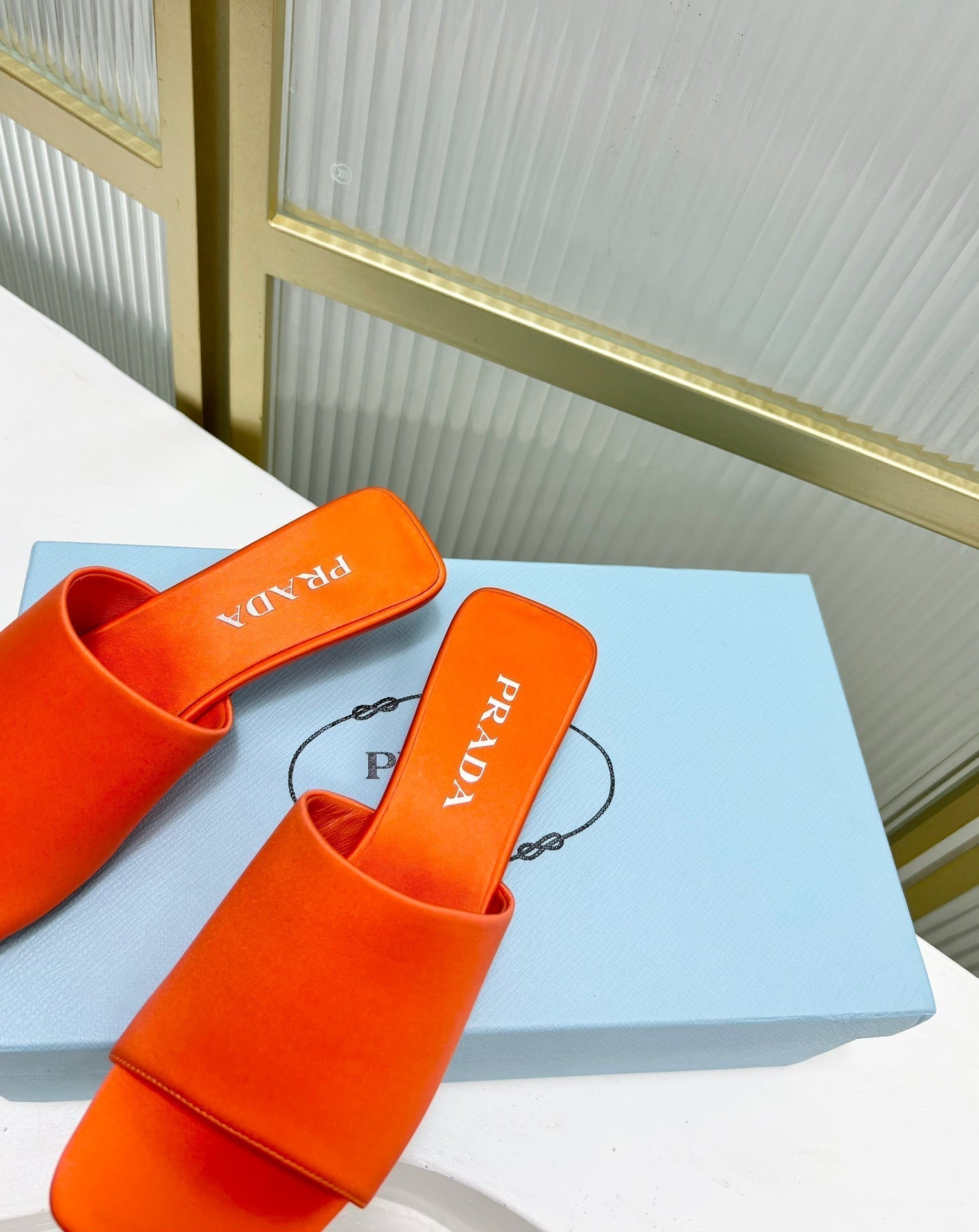 PRADA TRIANGLE HEEL SATIN SLIPPERS BRIGHT ORANGE