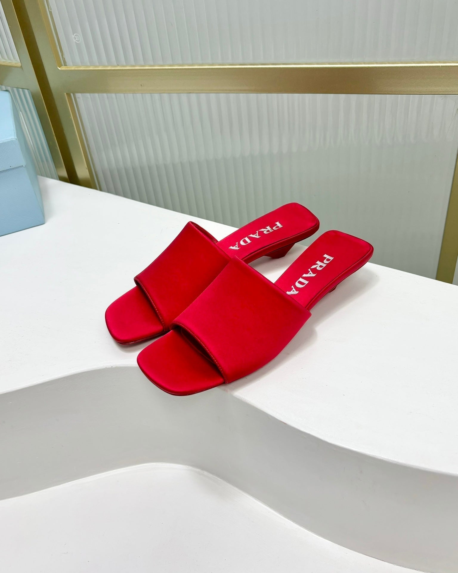 PRADA TRIANGLE HEEL SATIN SLIPPERS CRIMSON