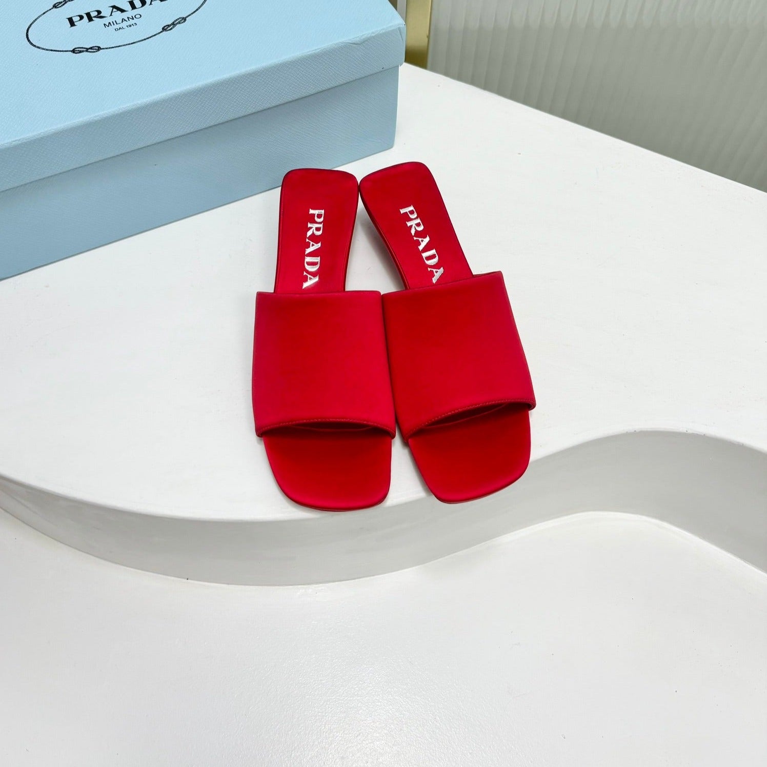 PRADA TRIANGLE HEEL SATIN SLIPPERS CRIMSON