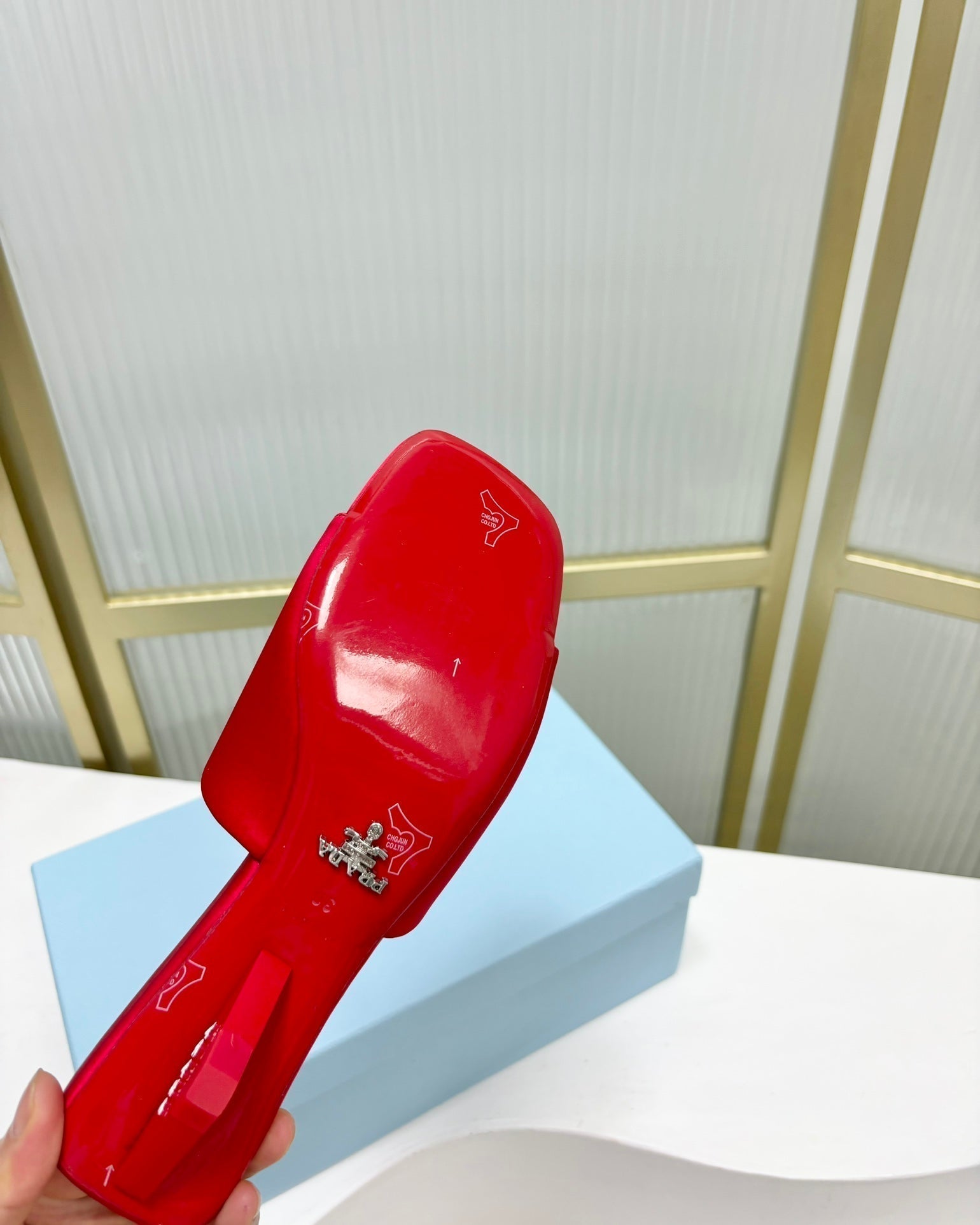 PRADA TRIANGLE HEEL SATIN SLIPPERS CRIMSON