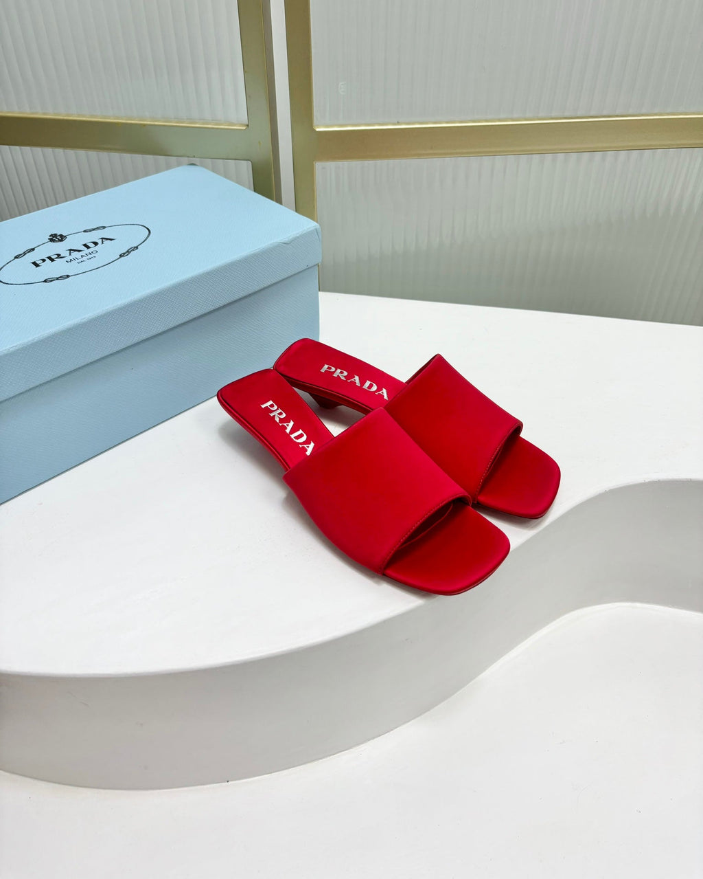PRADA TRIANGLE HEEL SATIN SLIPPERS CRIMSON