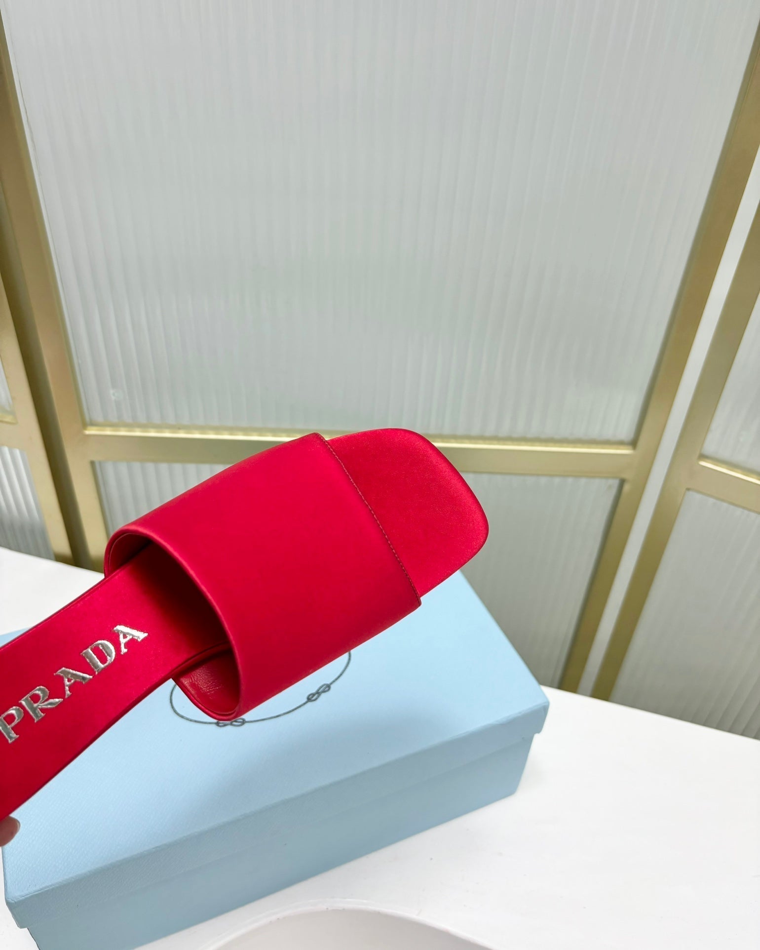 PRADA TRIANGLE HEEL SATIN SLIPPERS CRIMSON