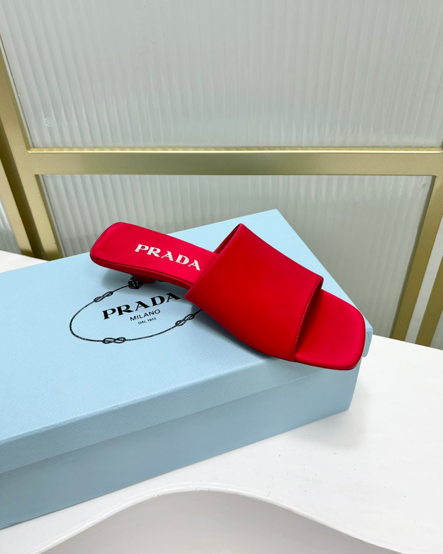PRADA TRIANGLE HEEL SATIN SLIPPERS CRIMSON