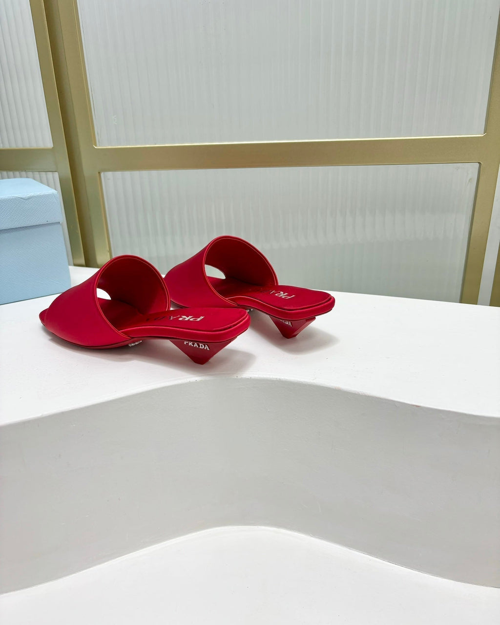 PRADA TRIANGLE HEEL SATIN SLIPPERS CRIMSON